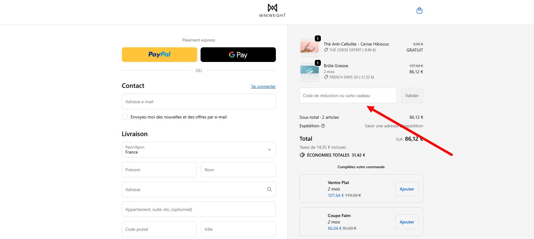 “Comment activer un code promo Miniweight”