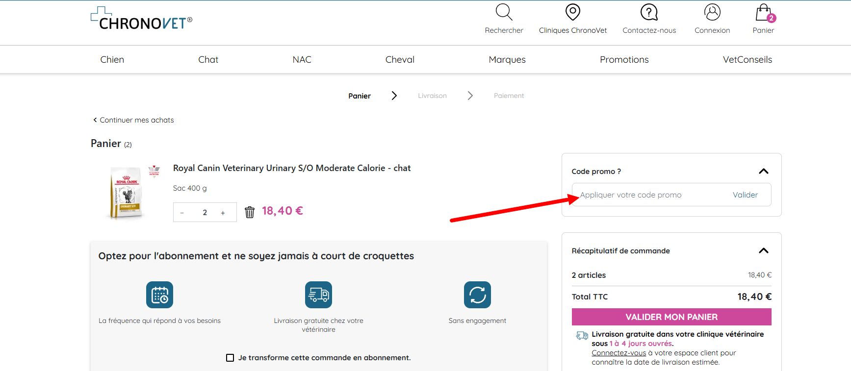 “Comment activer un code promo ChronoVet”