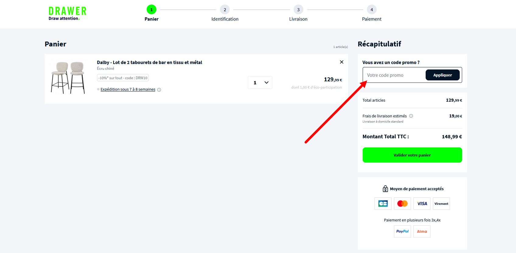 “Comment activer un code promo Drawer”