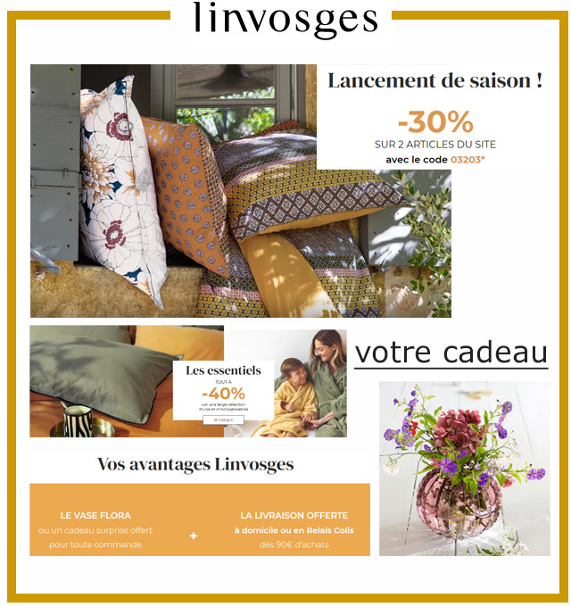 LINVOSGES - Jusqu'à -40% sur la maison + sélection à prix ronds ! LINVOSGES - Jusqu'à -40% sur la maison + sélection à prix ronds !