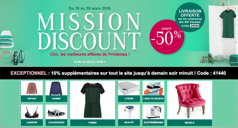 Mission discount : jusqu'à -50% Mission discount : jusqu'à -50%