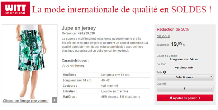 Soldes chez Witt International, 60% de réduction : à vous la mode à petits prix ! Soldes chez Witt International, 60% de réduction : à vous la mode à petits prix !
