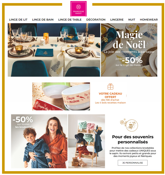 FRANCOISE SAGET - C'est Noel ! Jusqu'à -50% sur le linge de maison + cadeau gratuit 