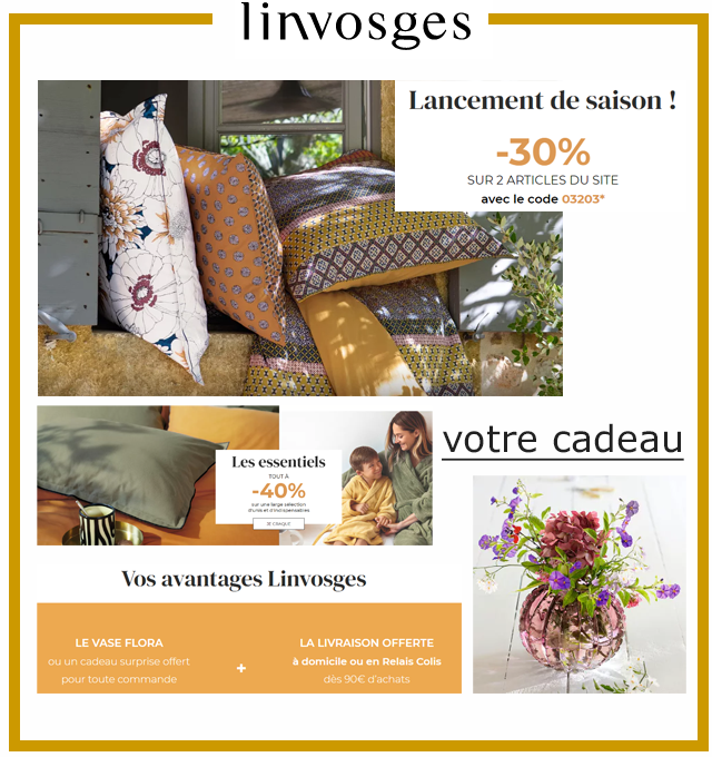 LINVOSGES - Jusqu'à -40% sur la maison + sélection à prix ronds !  LINVOSGES - Jusqu'à -40% sur la maison + sélection à prix ronds !