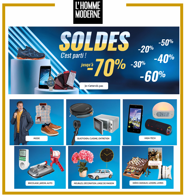 L'HOMME MODERNE - SOLDES jusqu'à -70% sur Mode et Objets  !